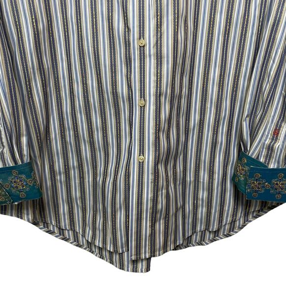Robert Graham Men’s Striped Button Down Shirt Silk Trim Flip Cuff Blue Size XXL - Picture 4 of 14